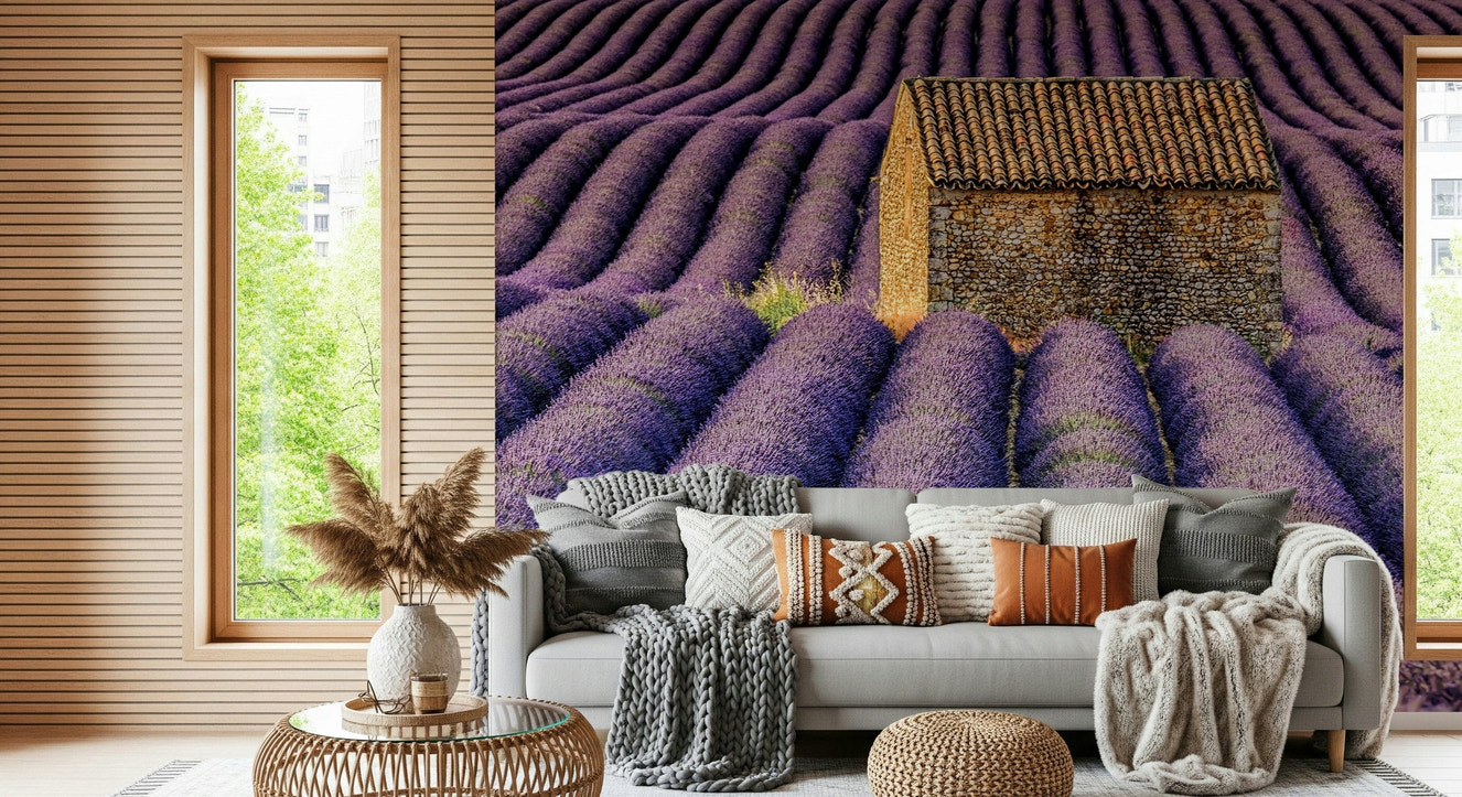 Lavender Haven Wall Mural featuring blooming lavender fields in soft purple tones.