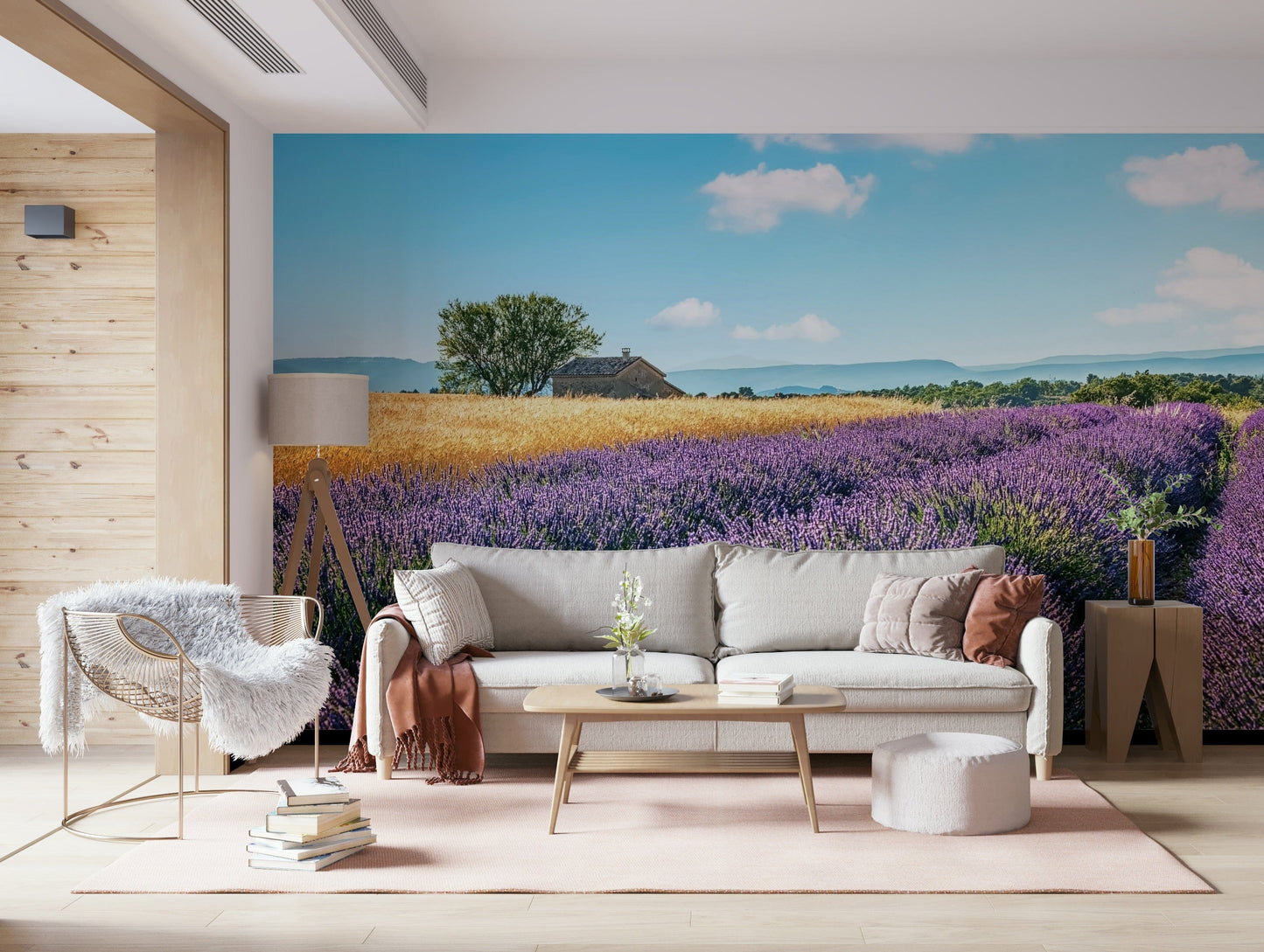 Lavender landscape wall mural suited for purple wallpaper interiors