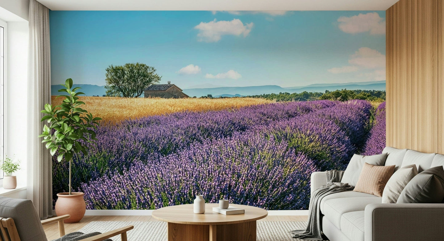 Botanical lavender mural artwork matching modern purple wallpaper decor