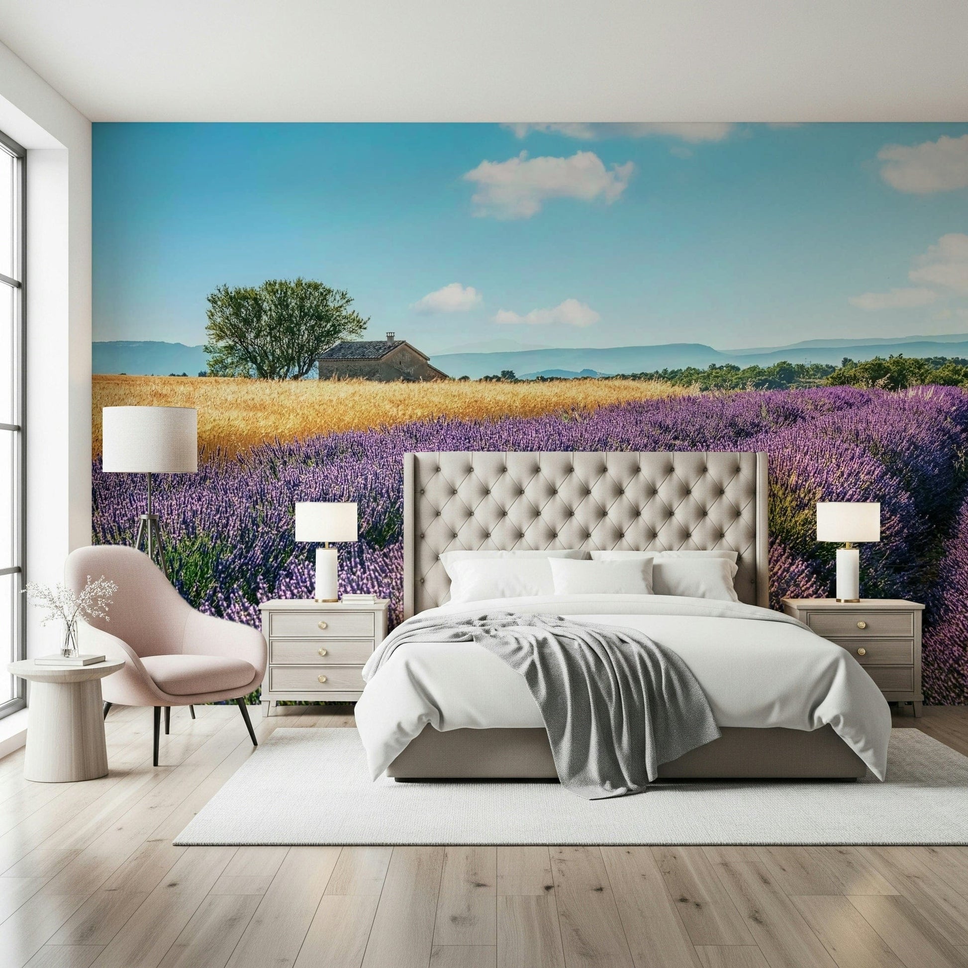 Rural lavender scenery mural enhanced by natural purple wallpaper tones