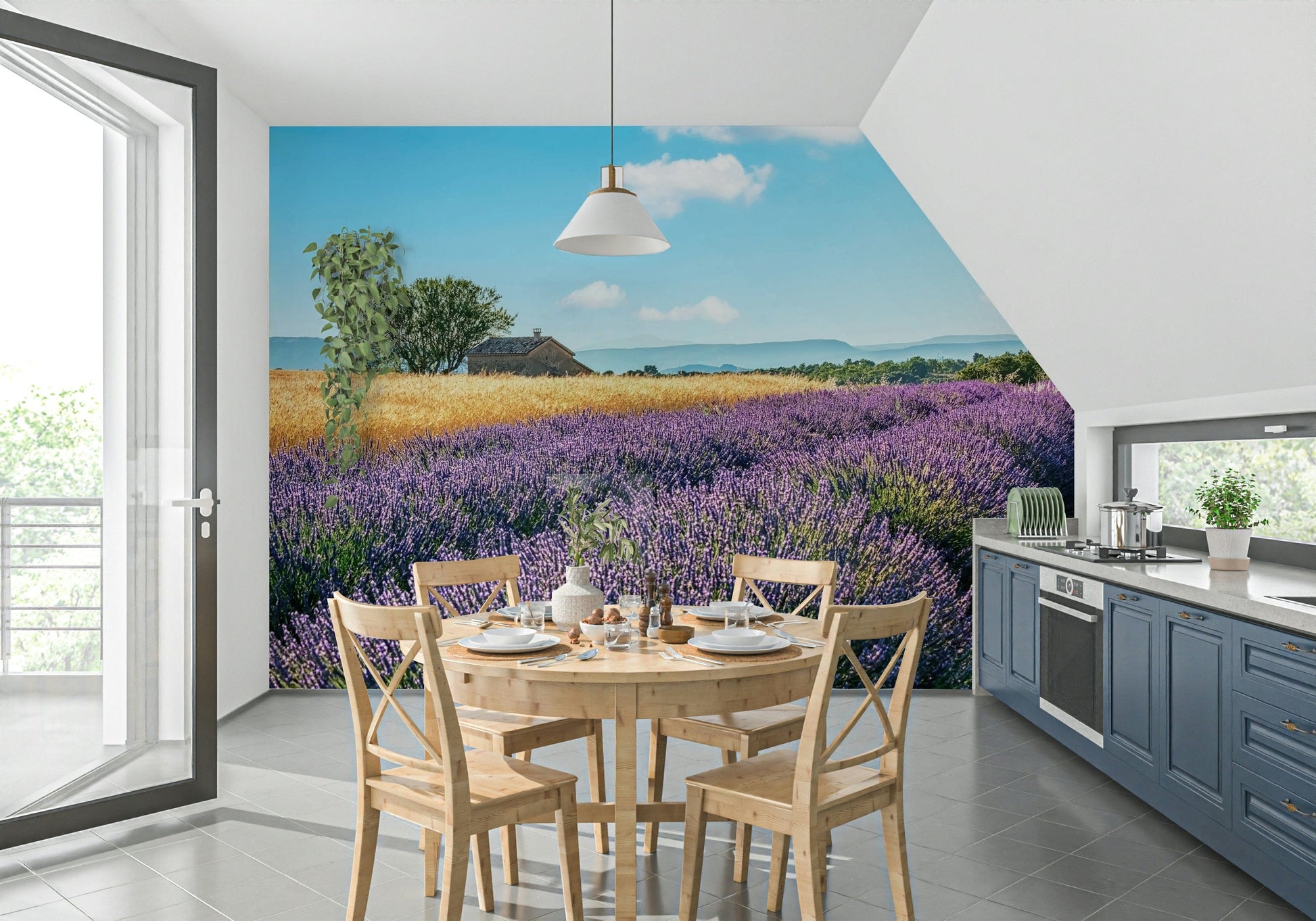 Wide lavender field wall mural with gentle purple wallpaper background