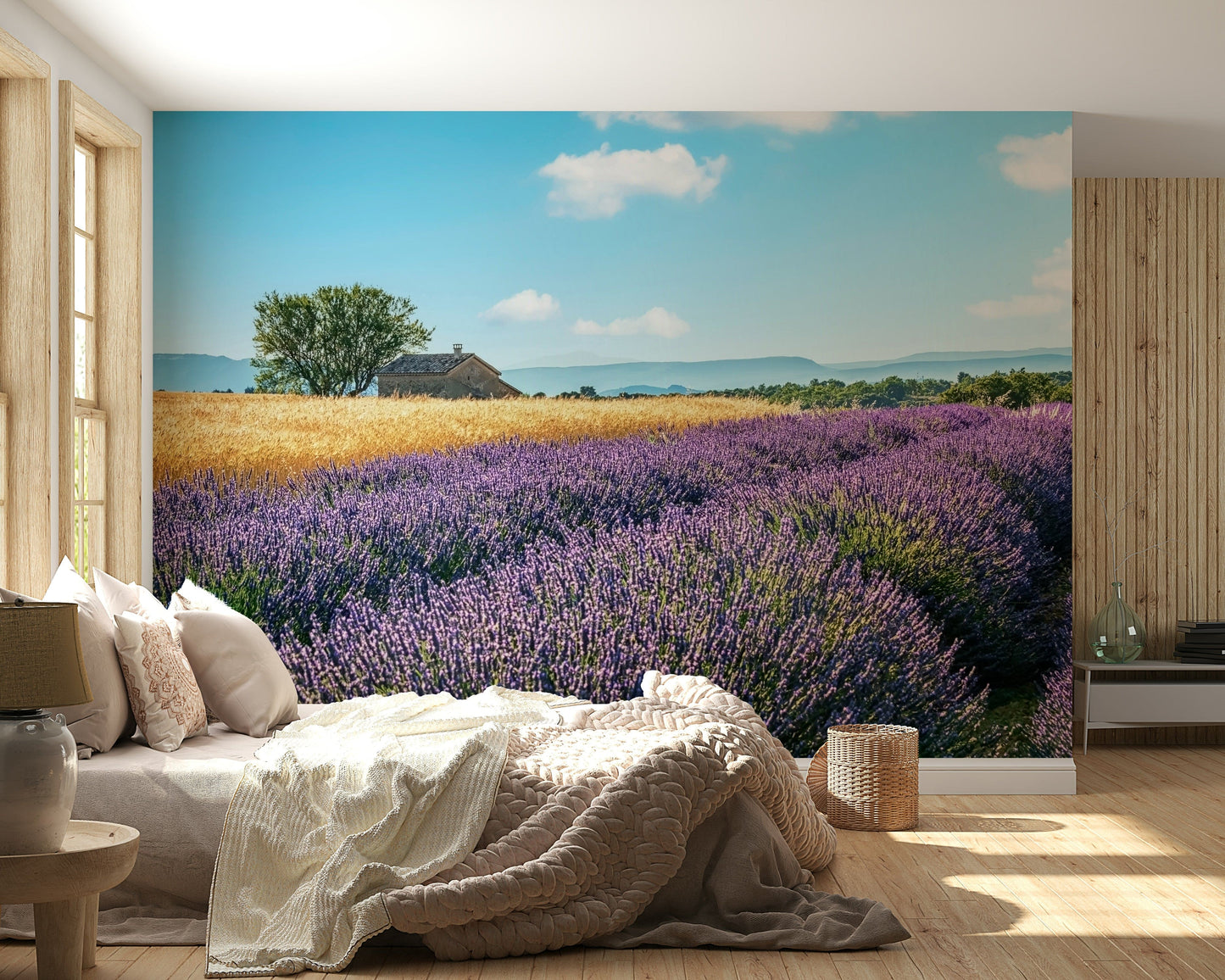 Lavender farm wall mural design using balanced purple wallpaper palette