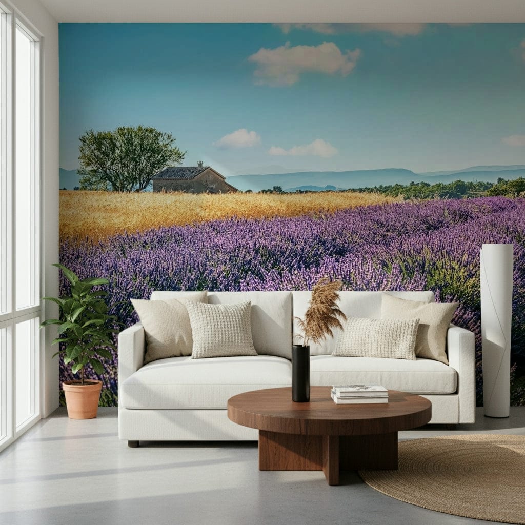 Nature inspired wall mural showing lavender rows in purple wallpaper style