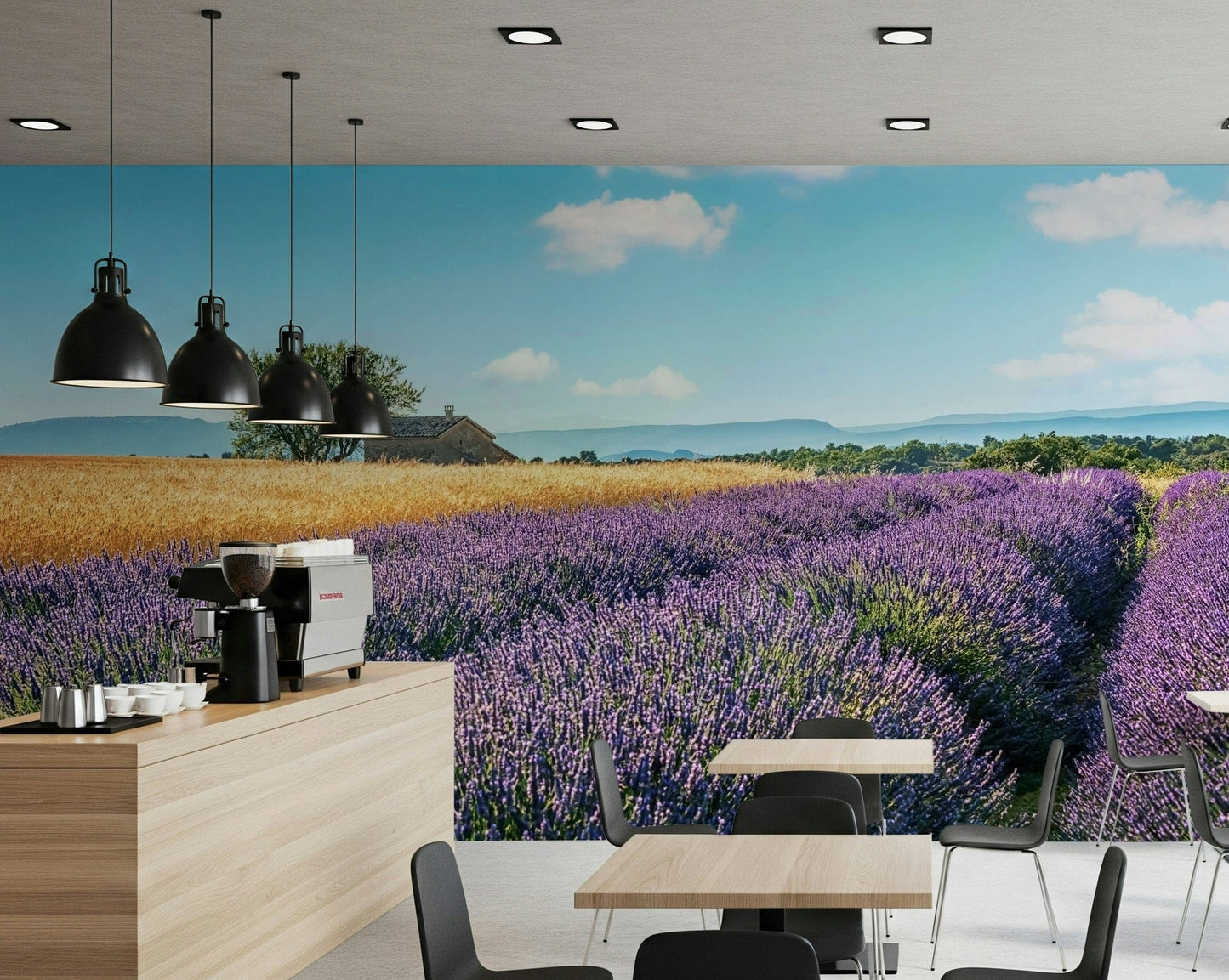 Floral countryside wall mural featuring lavender and purple wallpaper hues