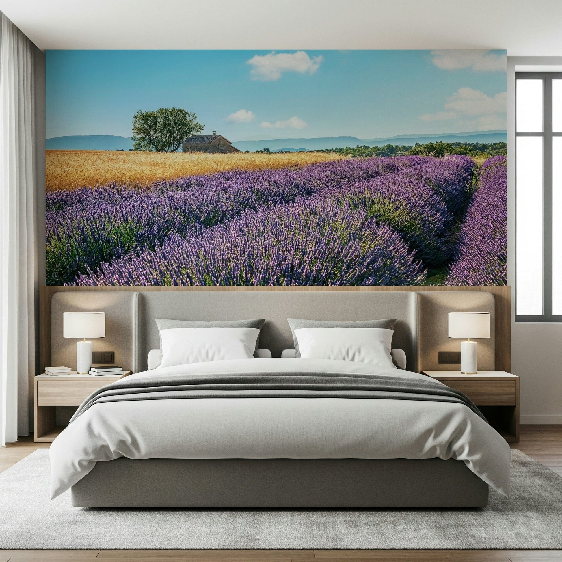 Scenic lavender meadow mural artwork in calm purple wallpaper shades