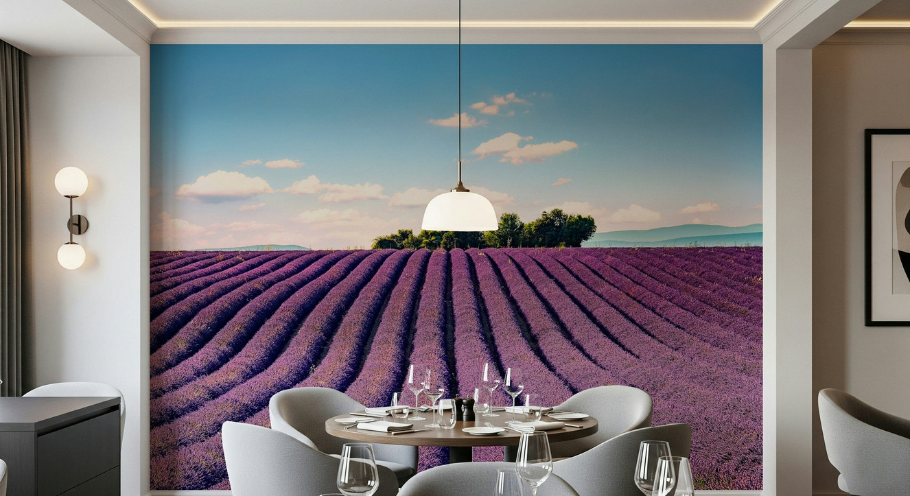 Lavender field wall mural in modern living room, purple color tones, feature wall decor