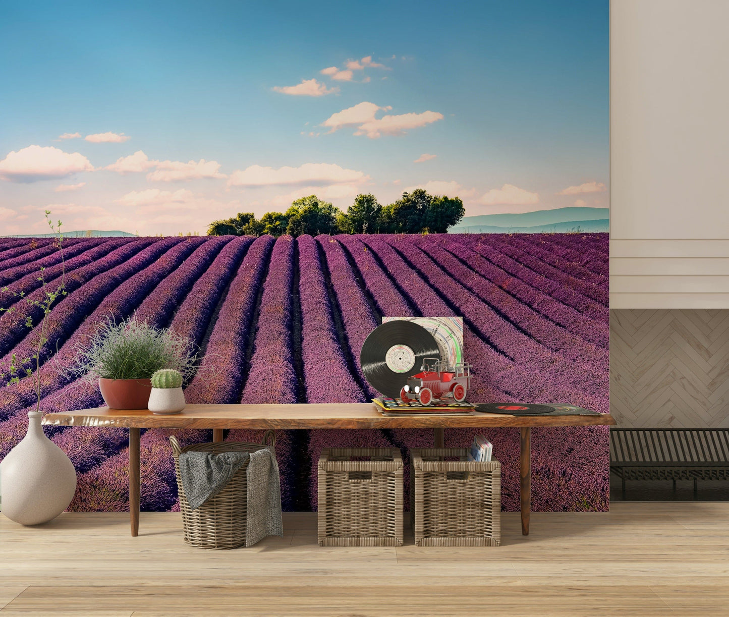 Misty Provence landscape mural for hallway, lavender tones, modern wall decor backdrop