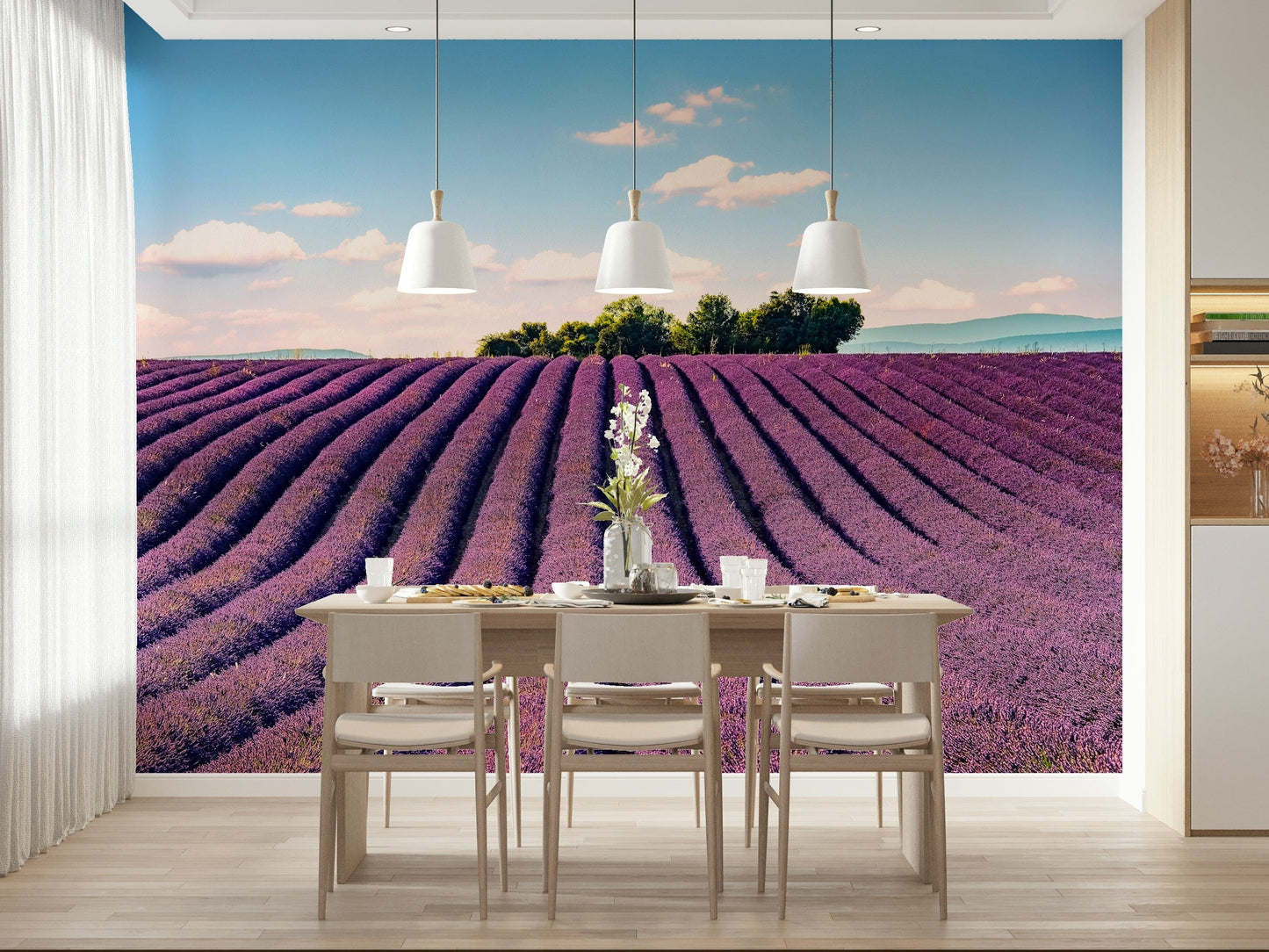 Lavender farm wall mural for home office, modern style, purple and green colors