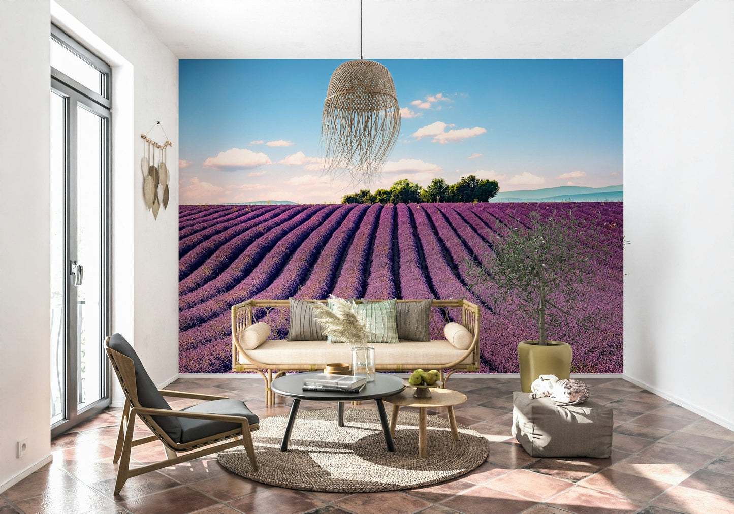 Provence lavender landscape mural behind sofa, soft sky and purple hues, modern wall decor
