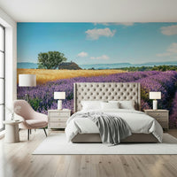 Rural lavender scenery mural enhanced by natural purple wallpaper tones