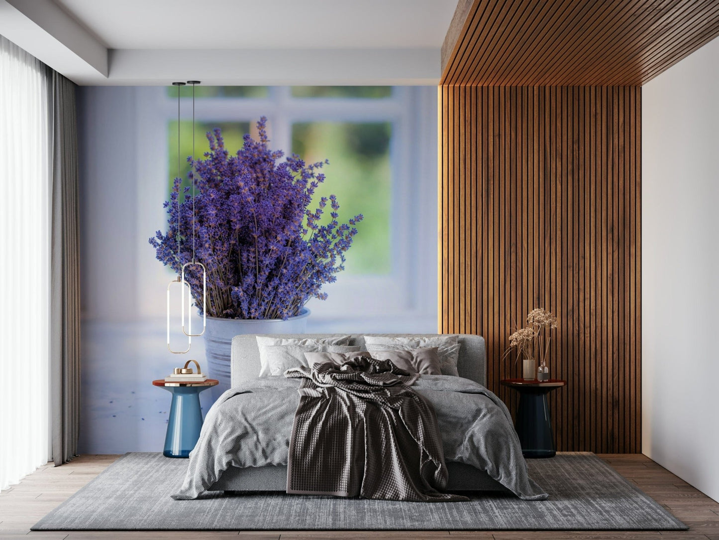 Country inspired Lavender in a Vase bucket placed on white marble surface.