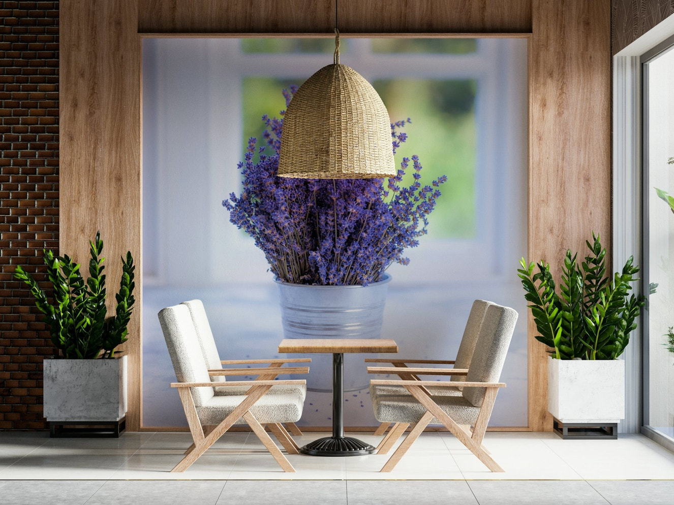 Aromatic lavender stems against bright window setting; calming art piece.