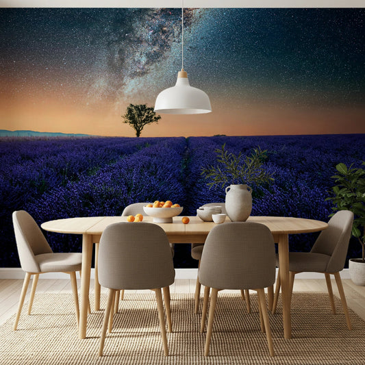 Lavender field wall mural above dining table