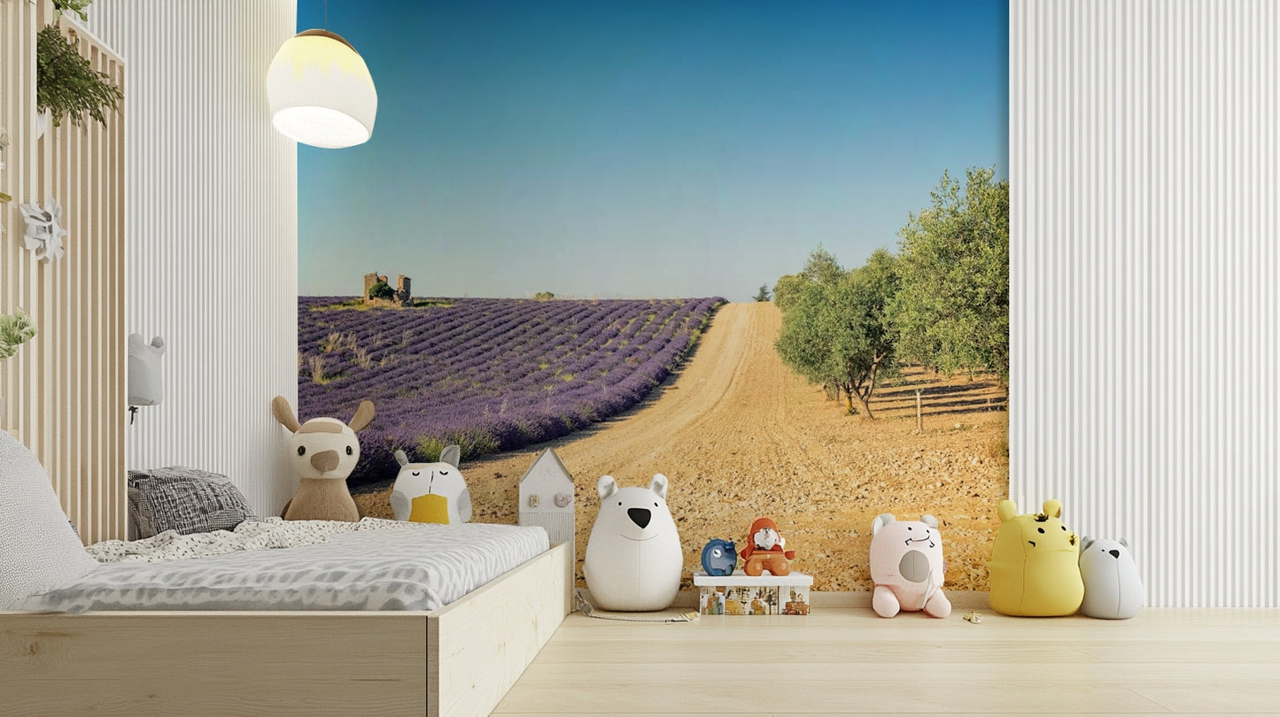 Elegant botanical mural with lavender and olive palette

