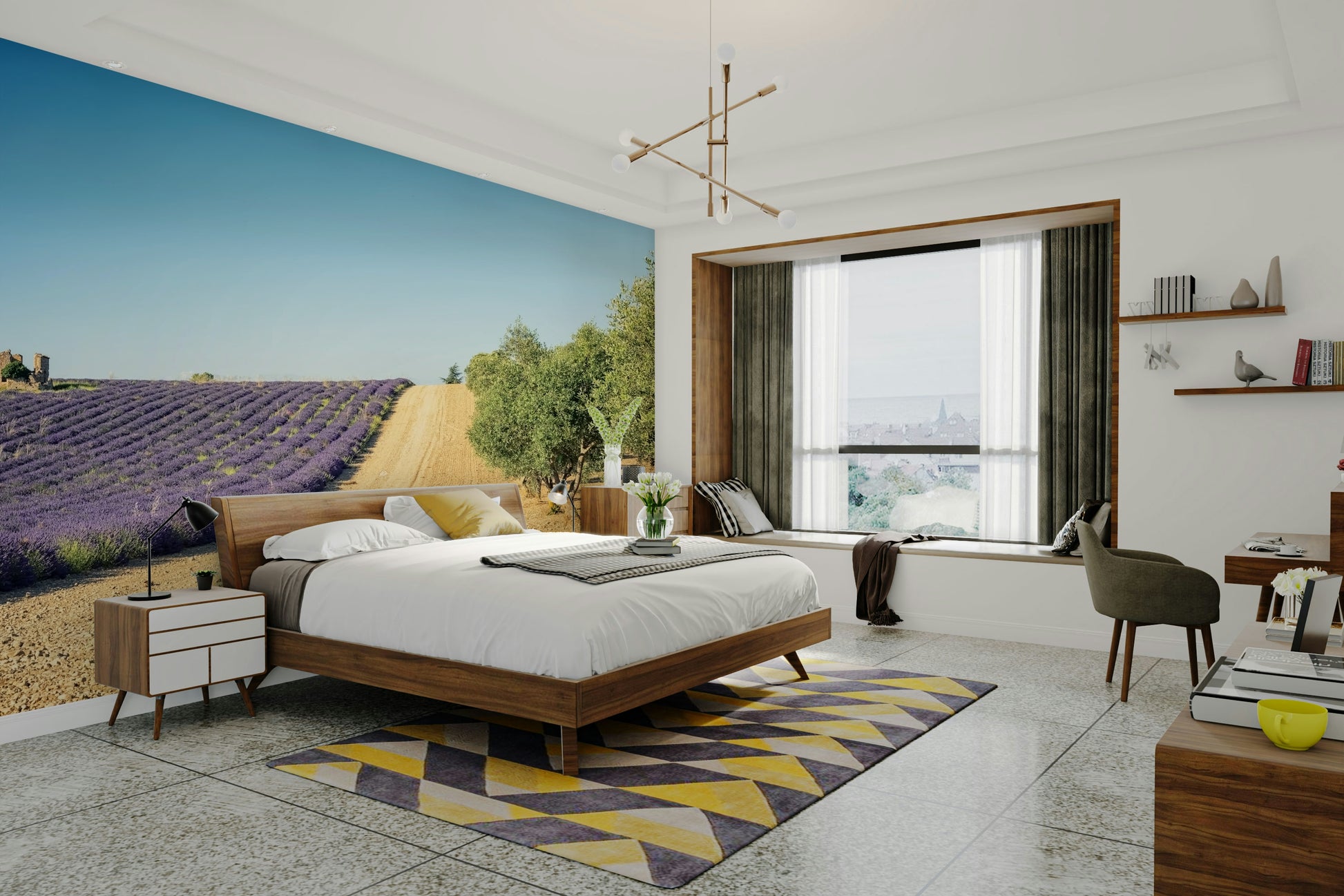 Peel and stick lavender wallpaper with olive leaf motifs

