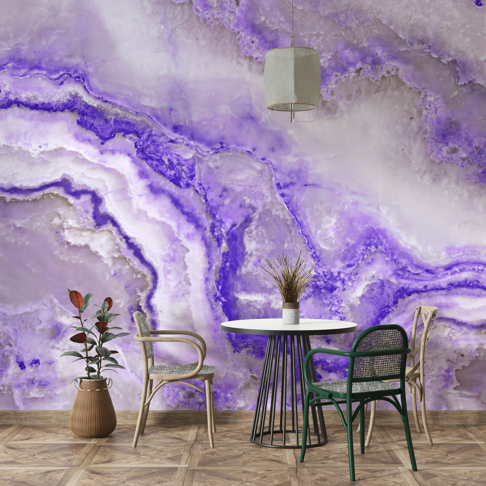 Wall mural with a lavender flow pattern.

