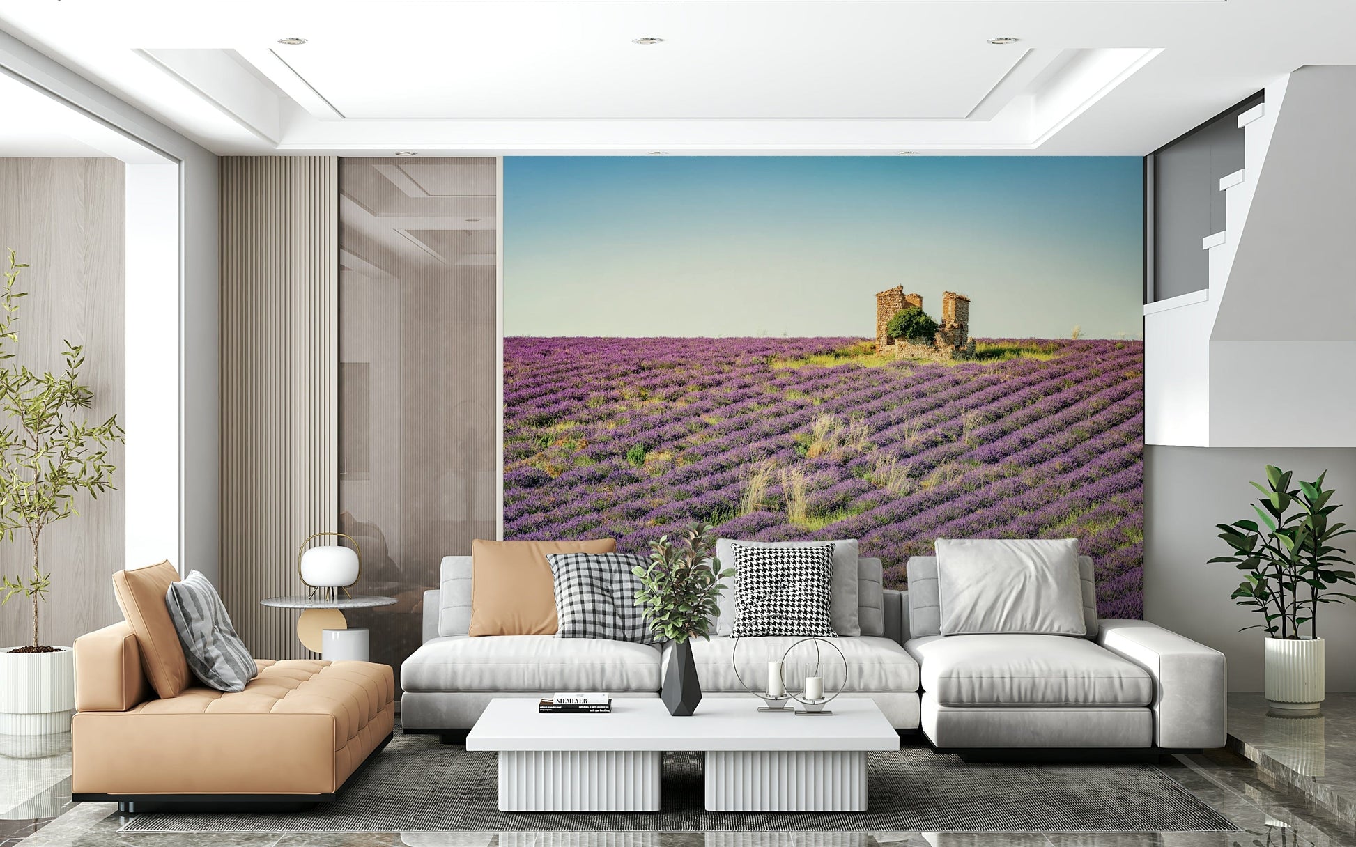 Purple lavender field wallpaper for walls. Lavender Field Sunset image.