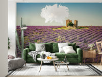 Lavender Field Sunset wall mural. Rows of purple blossoms wall decor.