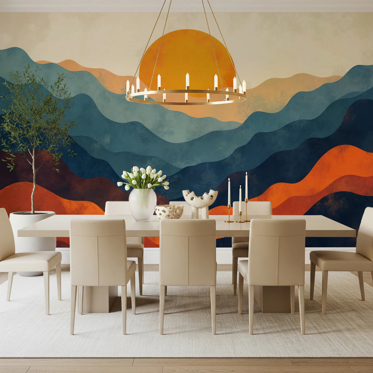 Layered Horizon wallpaper mural of an abstract orange sun over navy and teal hills behind a cream dining table and chairs