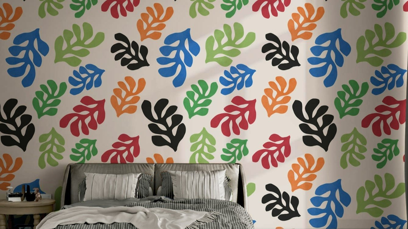 The design features various types of leaves and plants.

