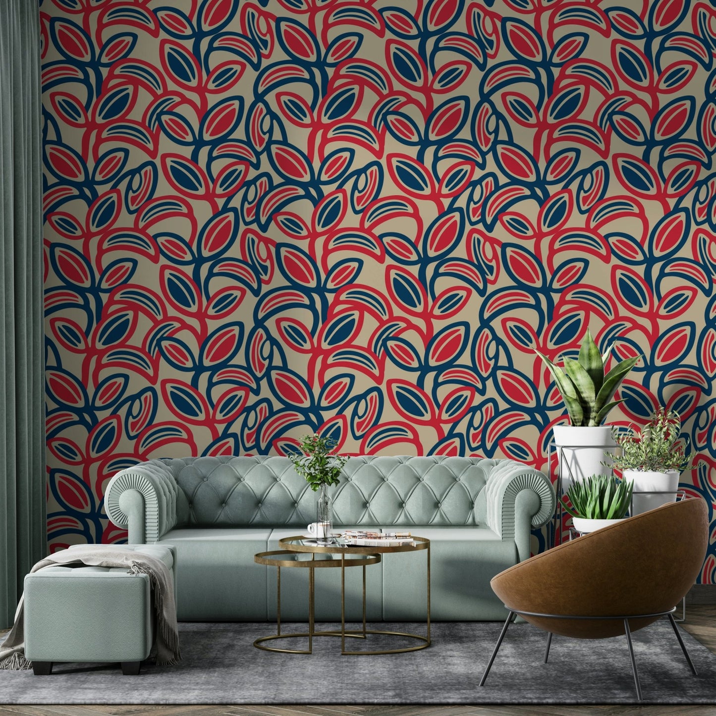 Red, navy blue, and beige color palette.


