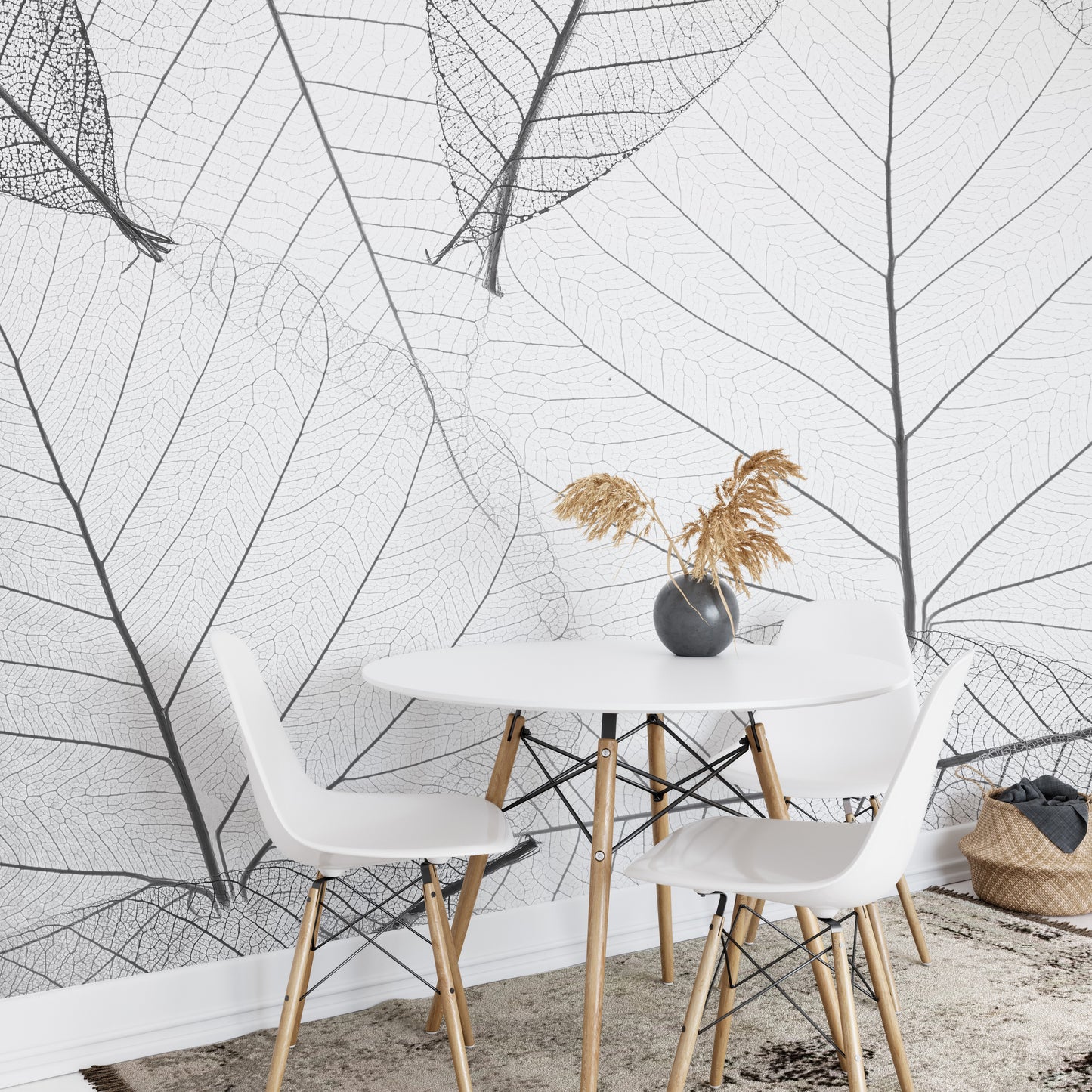 Black & White Large Veins Leaves Wallpaper Mural - Giffywalls
