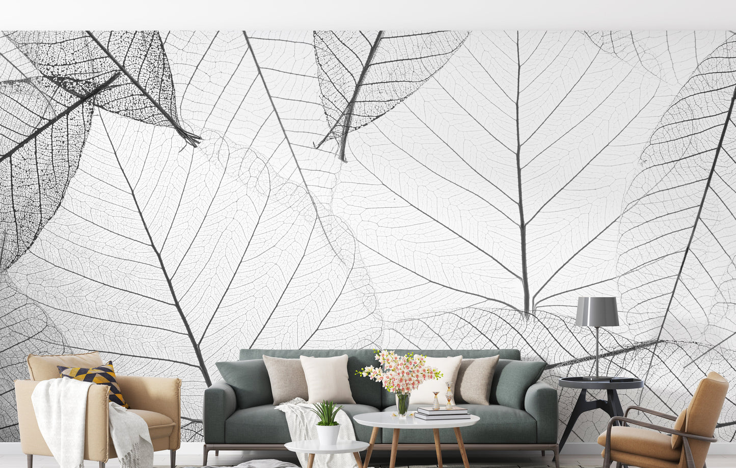Bold black and white leaf veins mural
