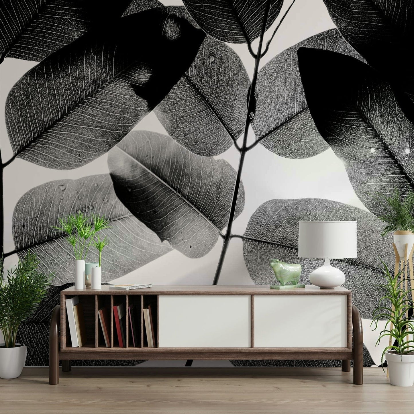 A calming botanical abstract wallpaper mural that defines a space.

