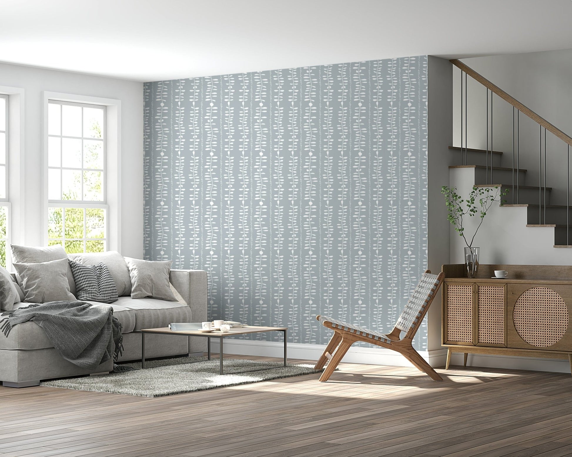 Elegant botanical Leaves Cascade mural wallpaper for bedrooms.