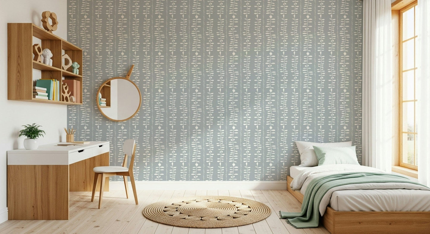 Vertical leaf patterns on calming slate blue background.