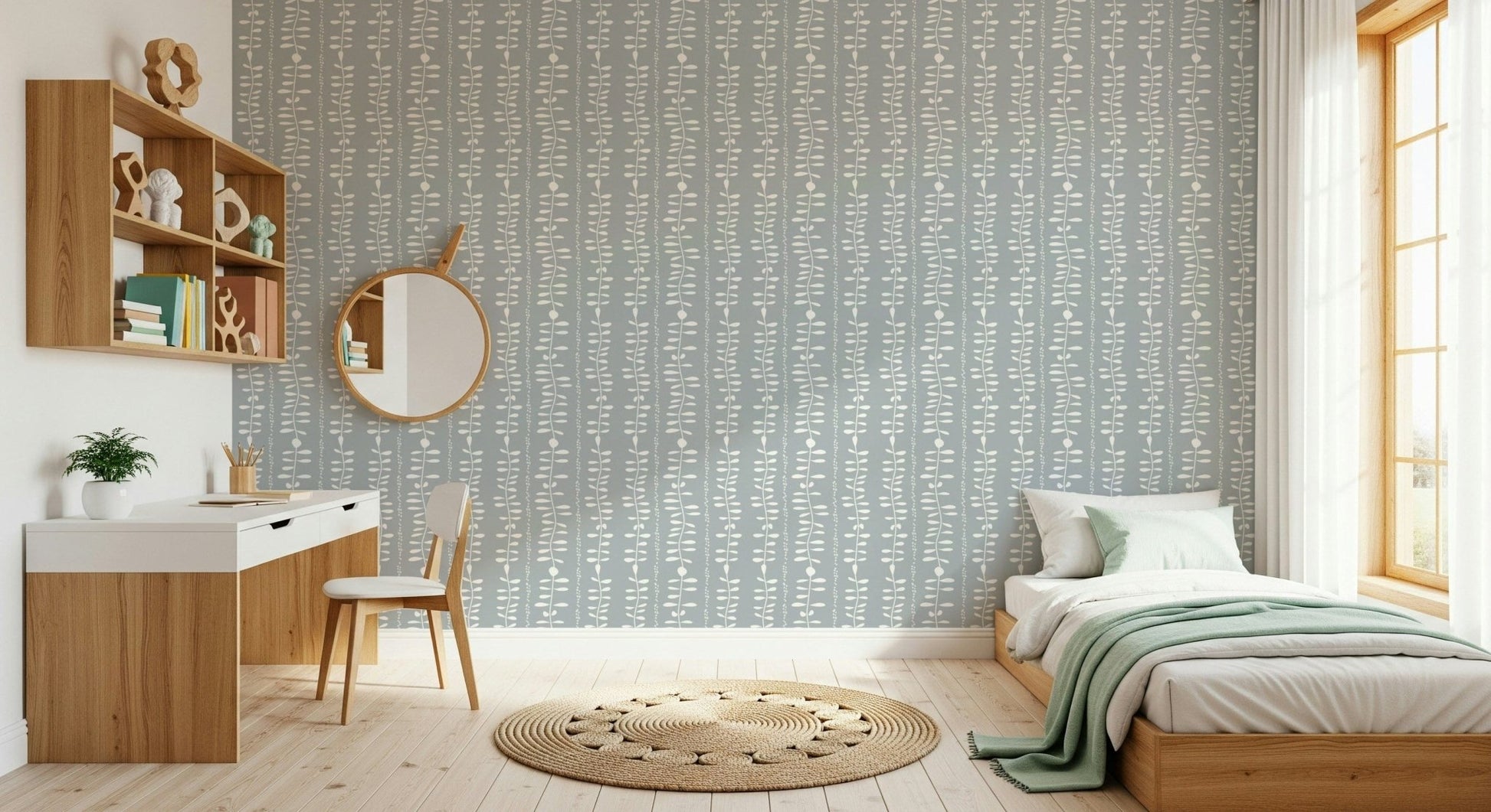 Vertical leaf patterns on calming slate blue background.
