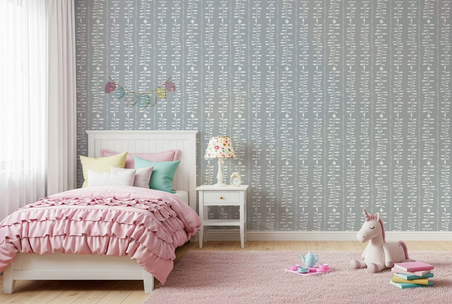 Modern Leaves Cascade wall mural for nursery interior design.