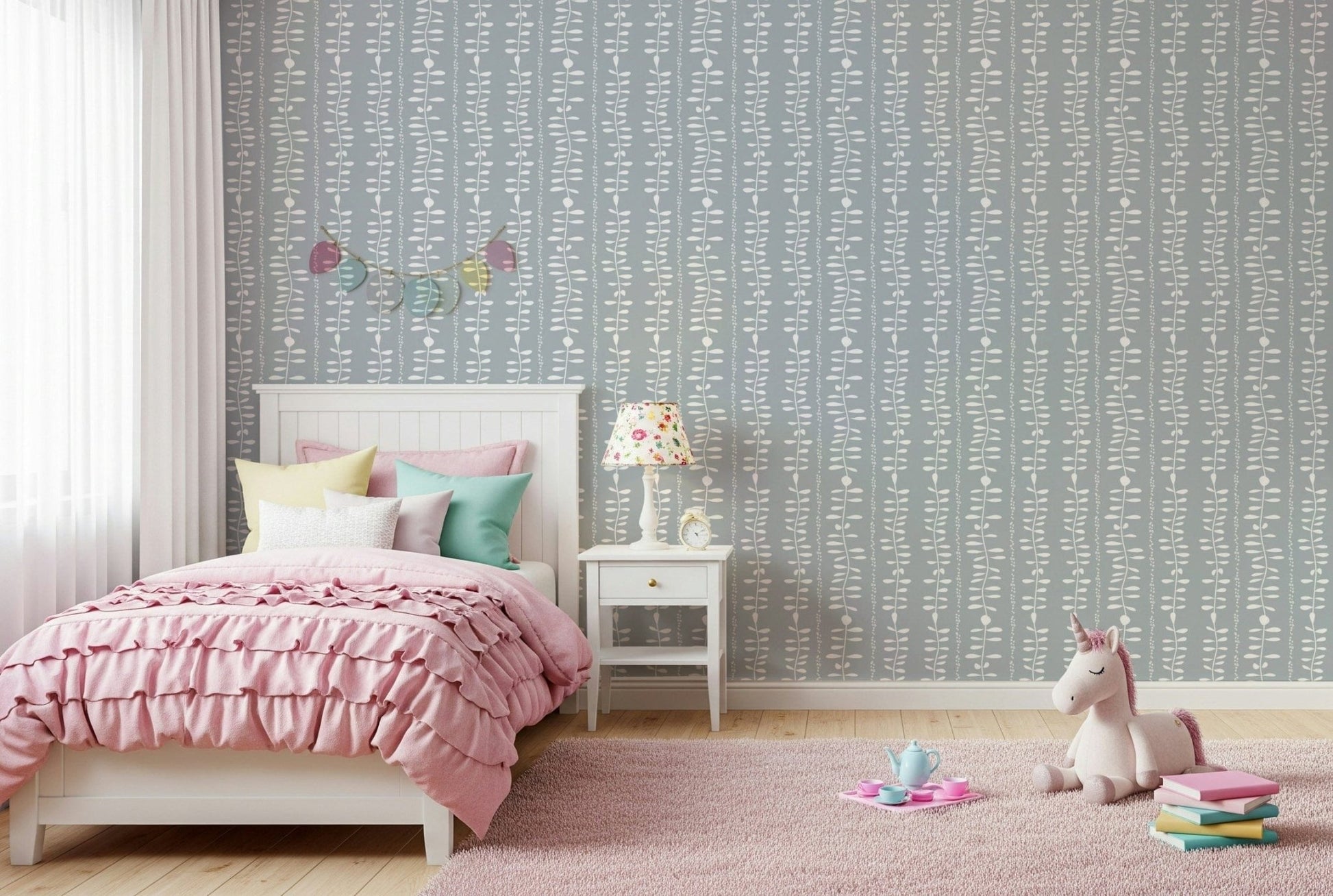 Modern Leaves Cascade wall mural for nursery interior design.