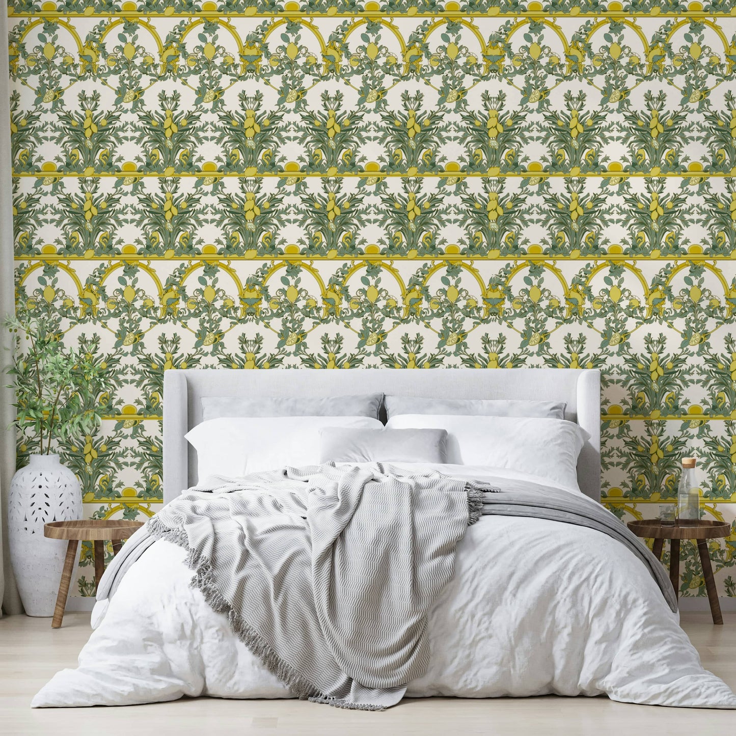 A wall covering with a detailed botanical motif.

