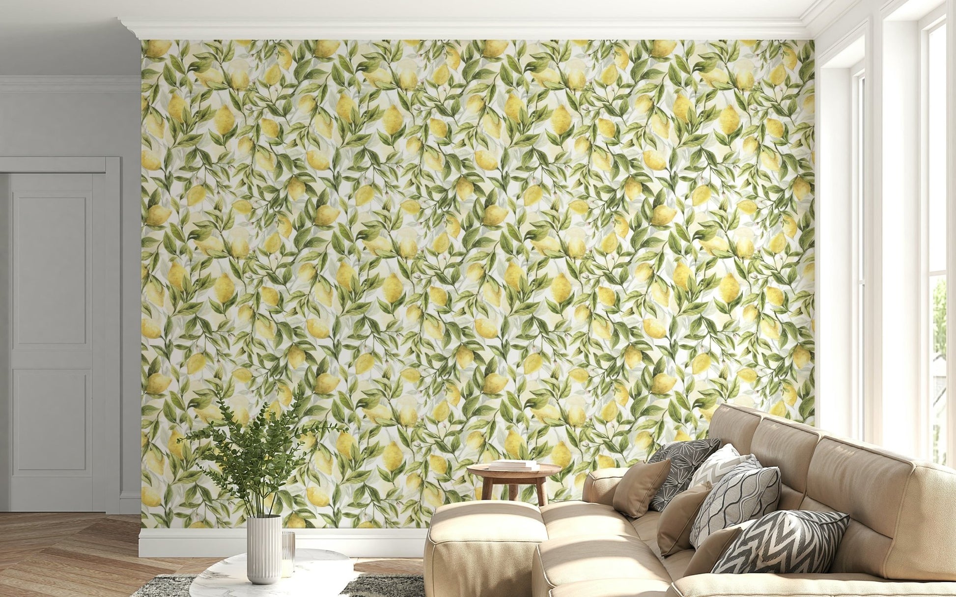Watercolor wall mural Lemon Grove Dreams vibrant green leaves decor.