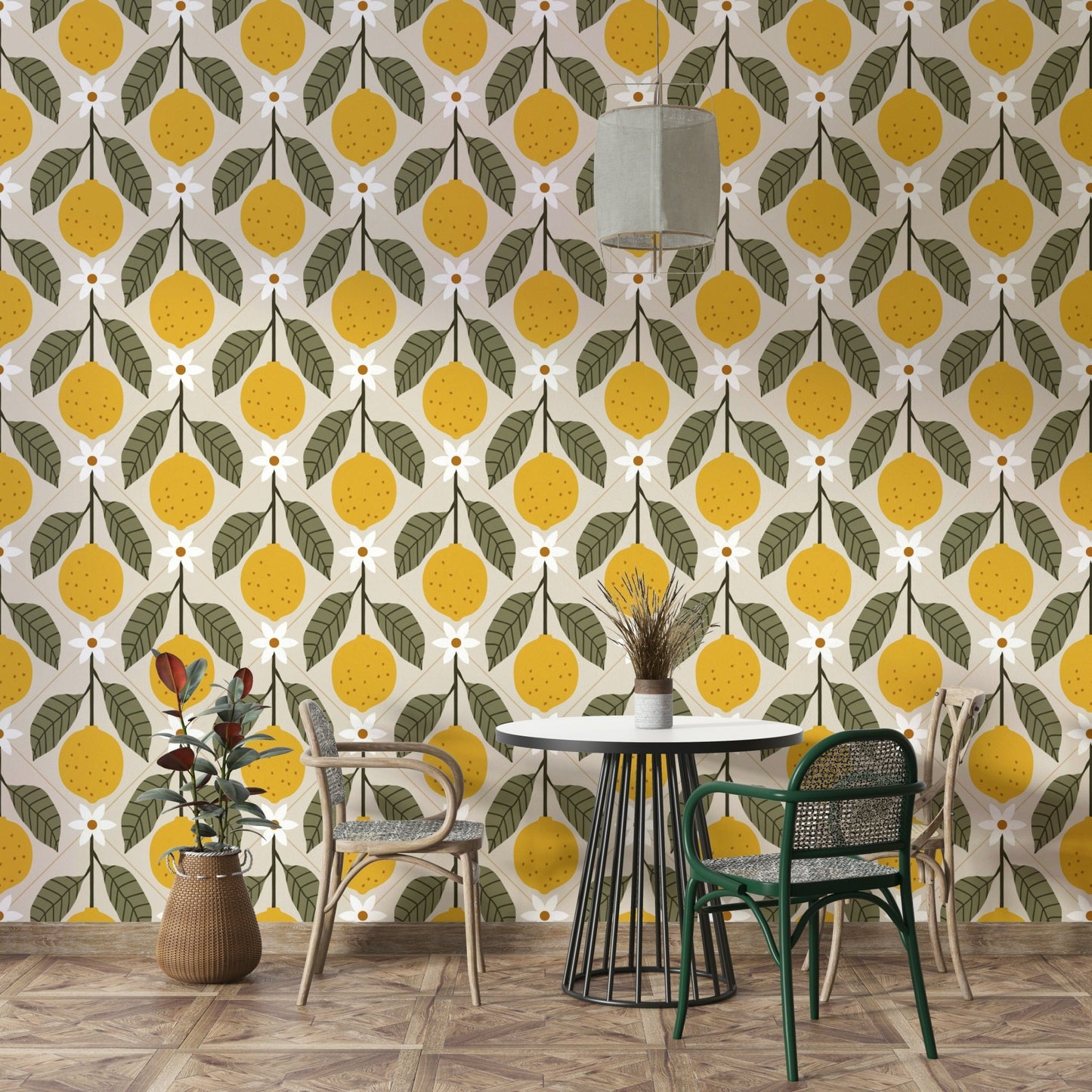 Vibrant lemon grove faux tile wallpaper for fresh decor

