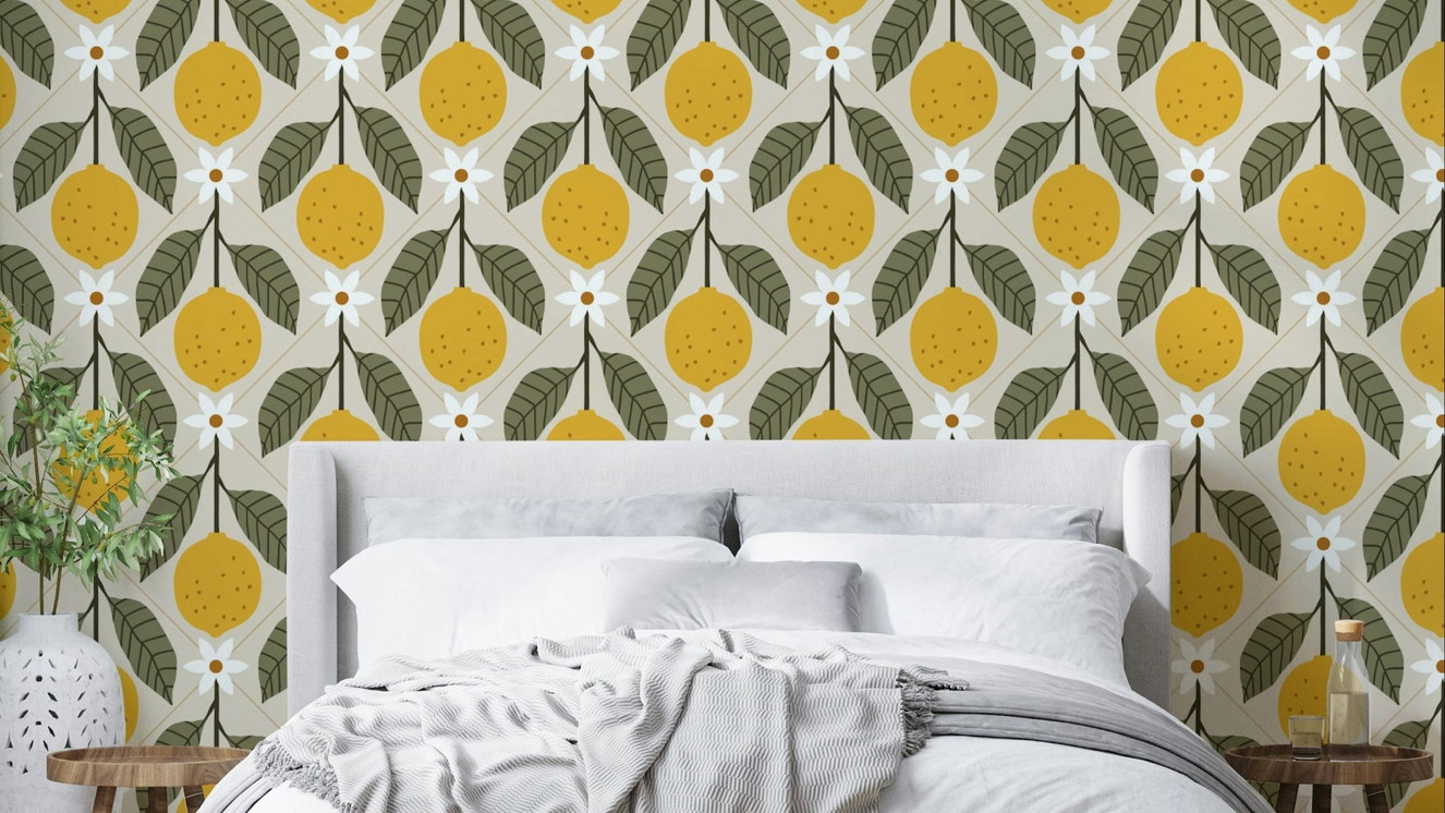 Lemon Grove faux tile wallpaper with bright yellow tiles

