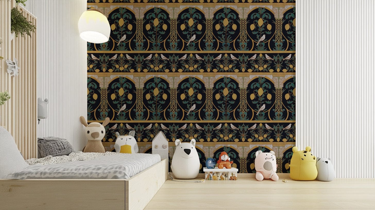 A graceful subtle lemon tree wall mural in rich, dark tones.

