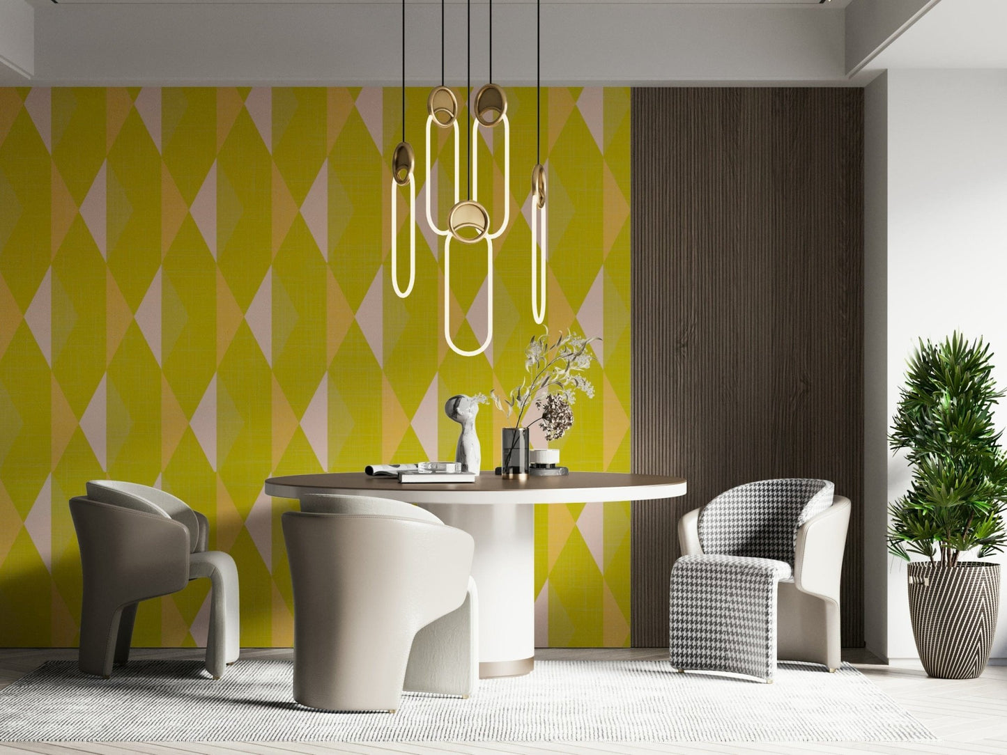 Retro rhombus wall mural refreshes dining space