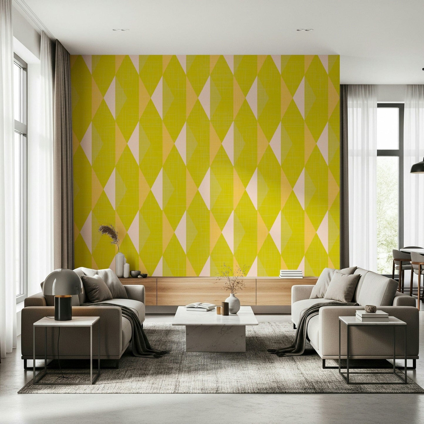 Vibrant light wallpaper surface with cheerful geometry.