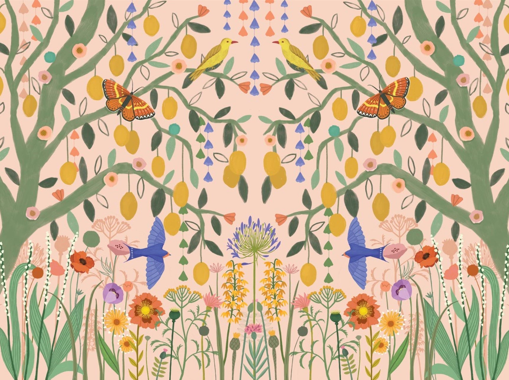 Lemon Trees Wall Mural in an open plan living space with coastal inspired furniture.