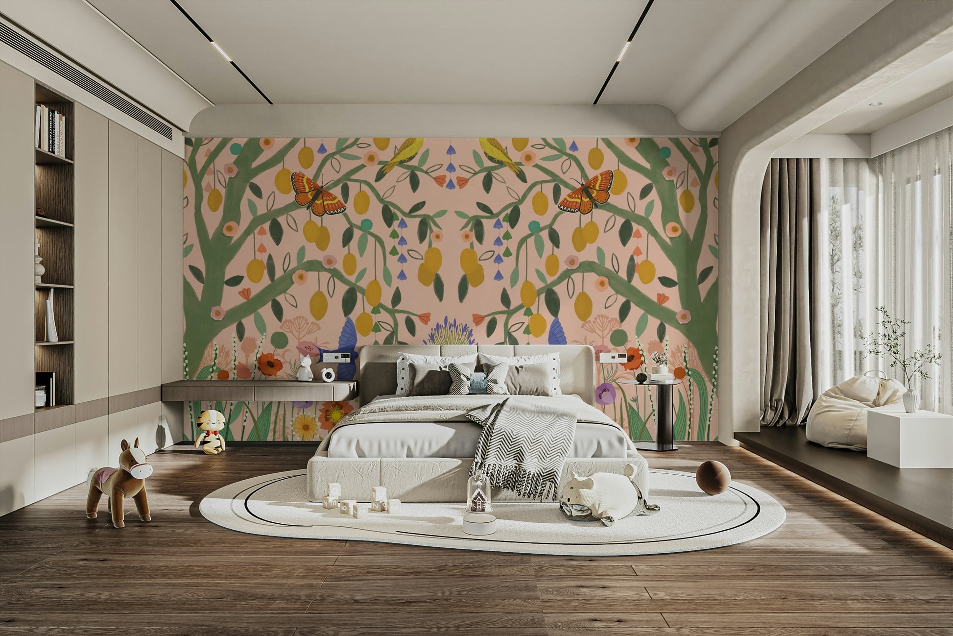 Large scale lemon branch mural for a creative studio with high ceilings and white walls.