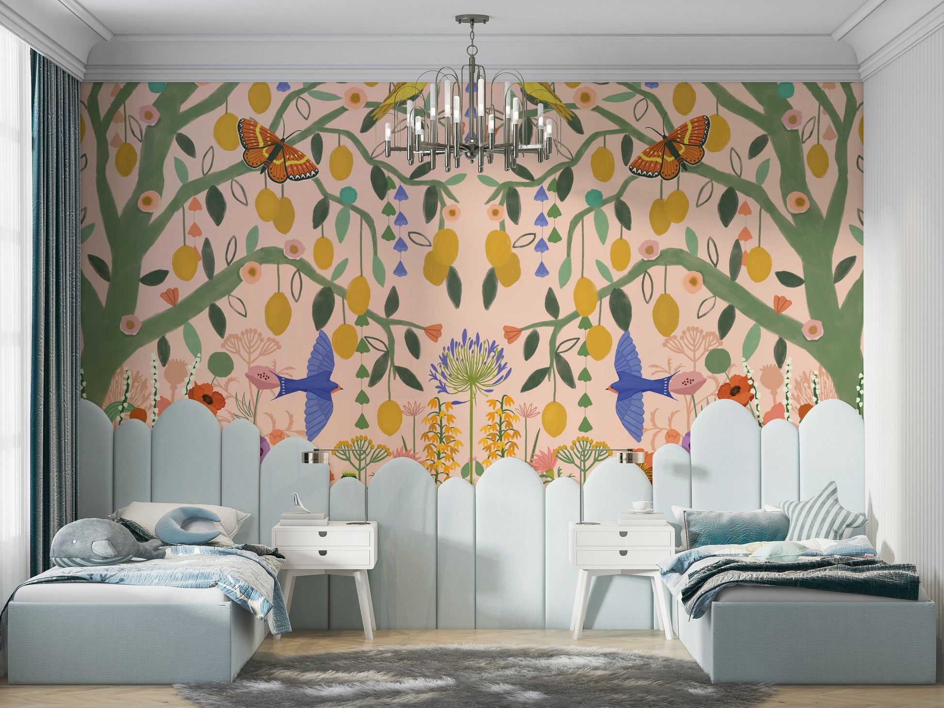 Vibrant citrus orchard design for a sunlit breakfast room with modern home styling.