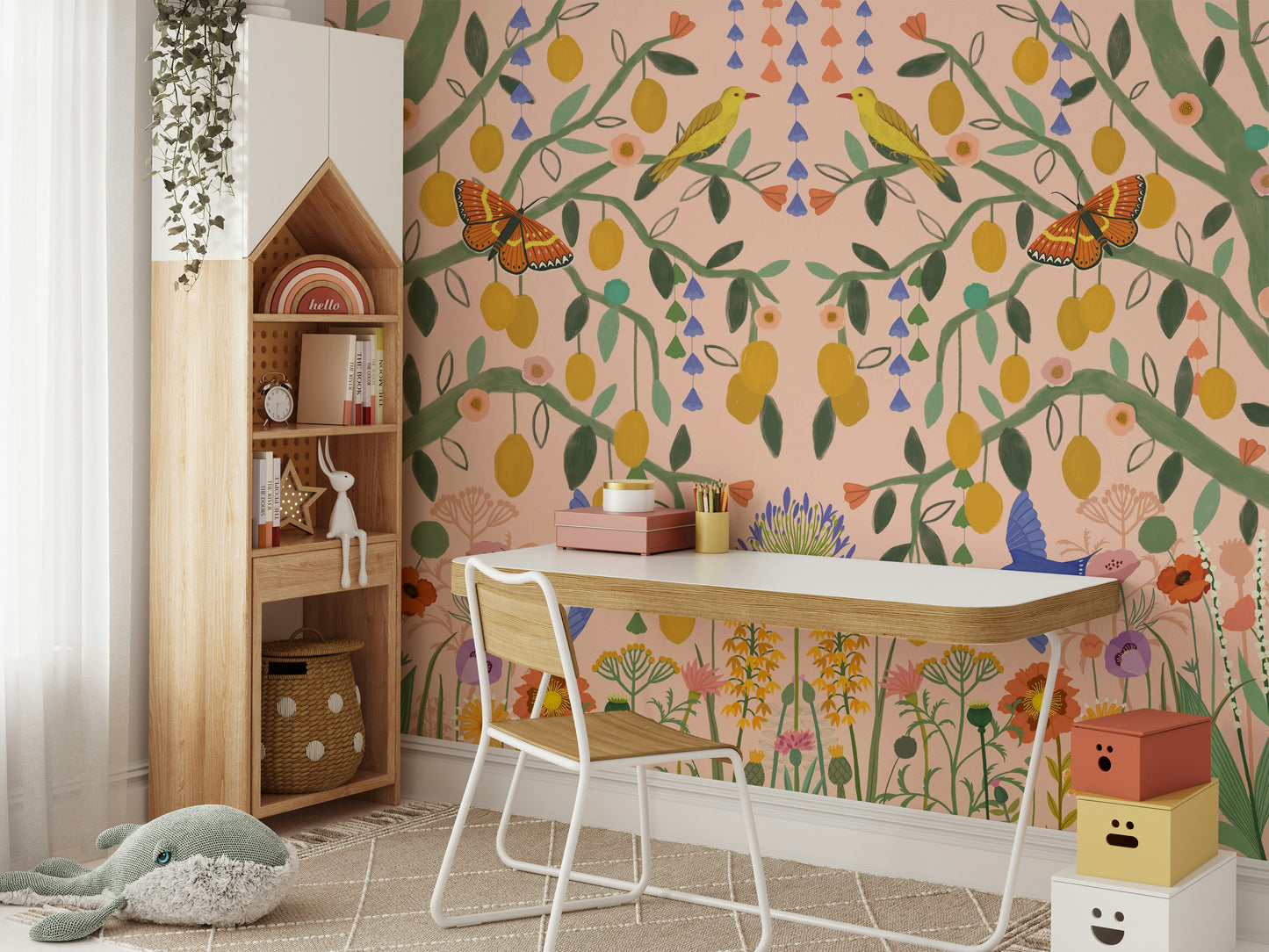 Mediterranean botanical mural for a master bedroom with light linens and airy curtains.