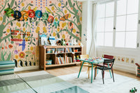 Yellow lemon and green leaf mural for a laundry room with clean lines and simple decor.