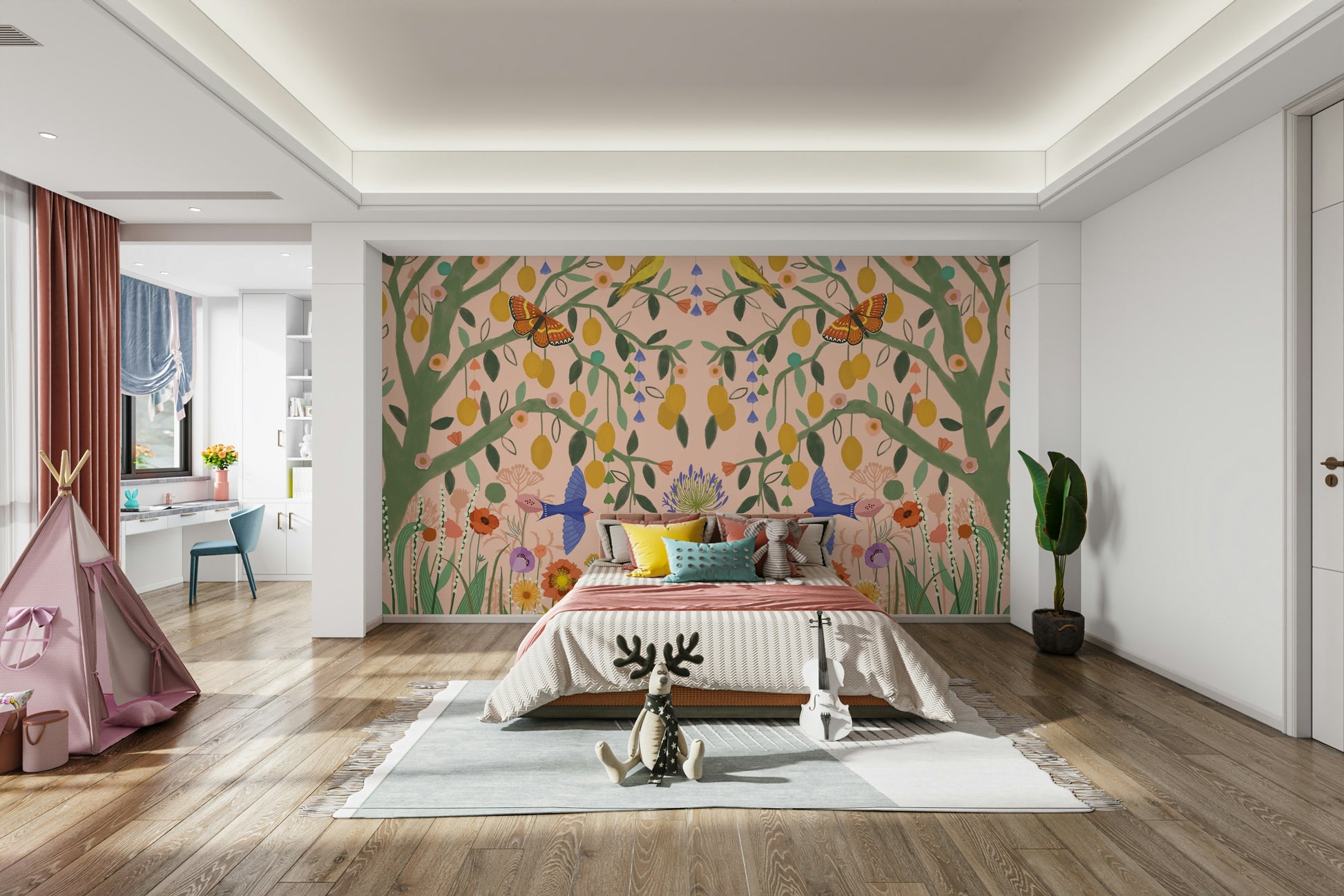 Artistic botanical fruit mural for a guest suite with a relaxed and natural aesthetic.