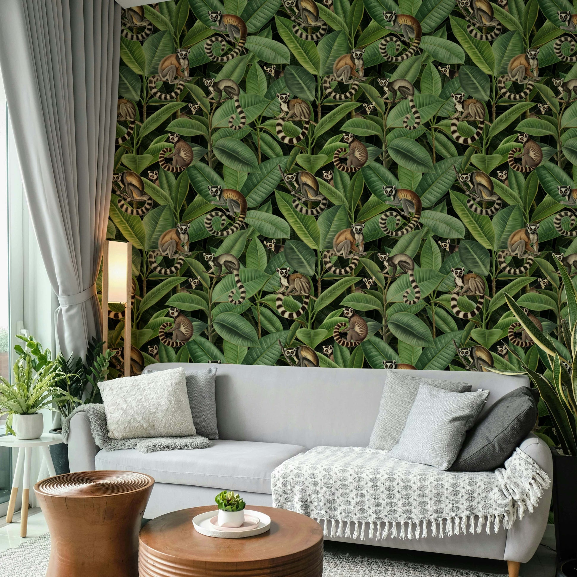 The foliage is lush, with various types of leaves, especially those from a ficus tree.
