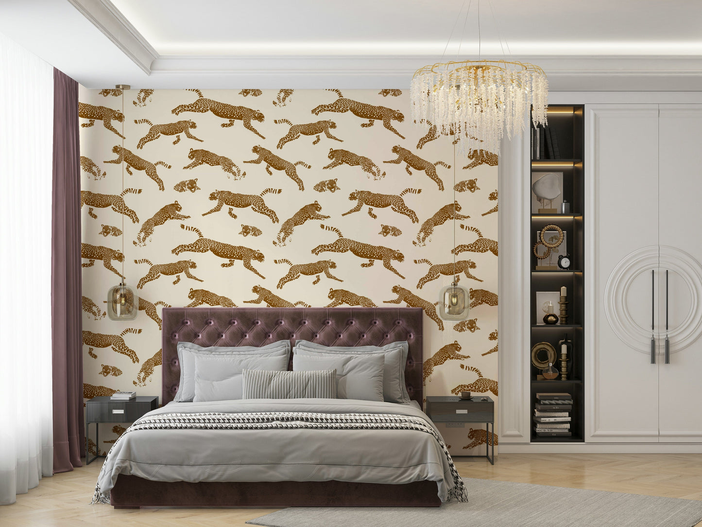 An angled shot of a wall with elegant animal print wallpaper

