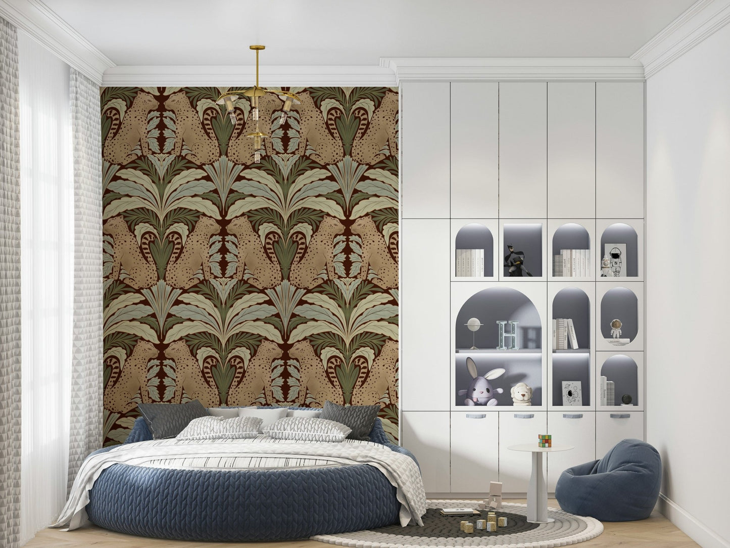 Botanical leopard mural behind sofa in apartment lounge, modern jungle style