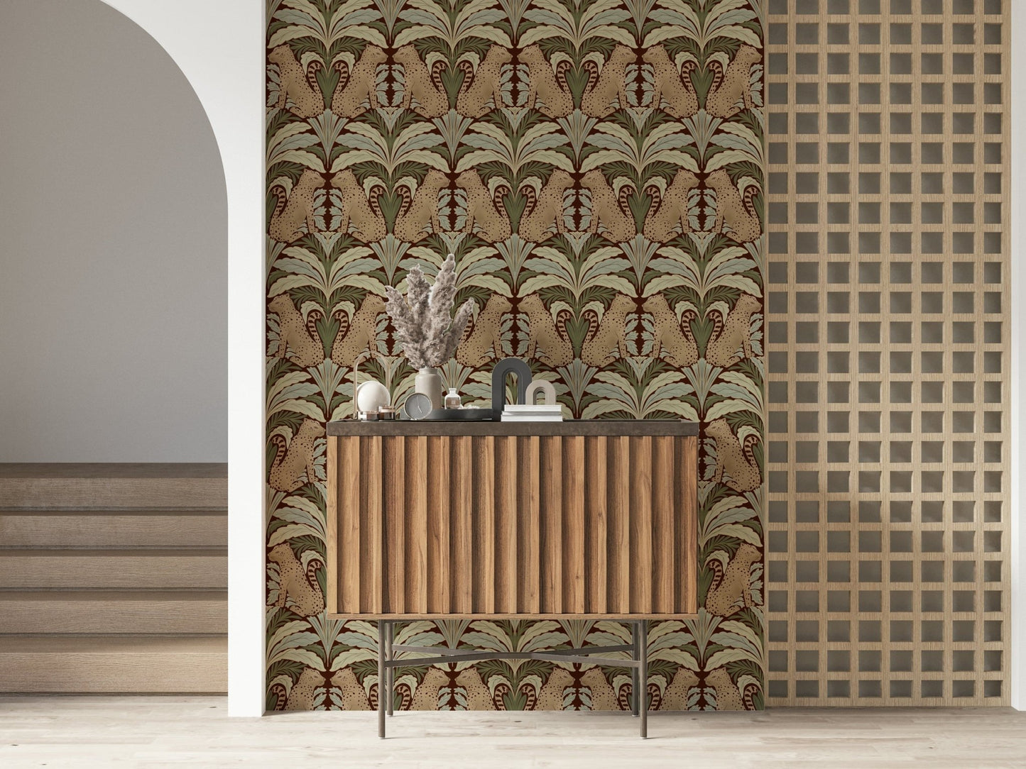 Tropical foliage and leopard wall mural in home office, modern wall decor